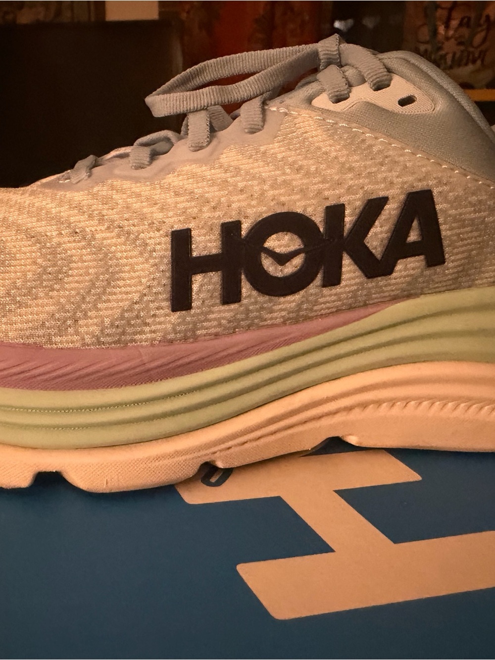 Hoka Womens Running Shoe in Light Blue with Pastel Pink and Mint Accents